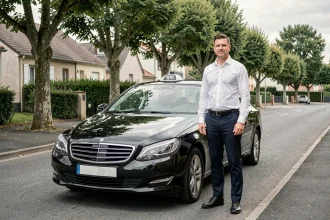 Chauffeur de taxi professionnel debout à côté d'une berline noire dans une rue suburbaine de l'Essonne