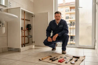 Un plombier professionnel en uniforme bleu marine travaille sur des canalisations en cuivre dans une salle de bain d'un appartement à Villeurbanne
