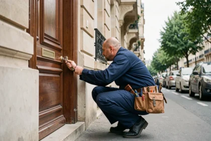 Serrurier professionnel intervenant sur une porte d'immeuble dans une rue de Boulogne-Billancourt