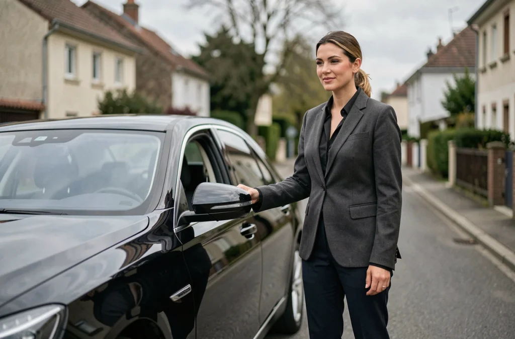 Chauffeuse privée en blazer sombre ouvrant la portière d'une berline noire dans une rue calme de La Ville-du-Bois