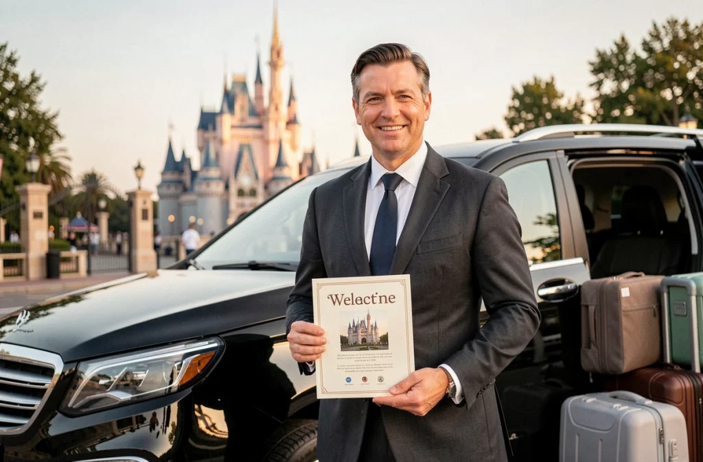 Chauffeur en costume sombre tenant un panneau d'accueil devant l'entrée de Disneyland Paris avec un véhicule noir garé à proximité