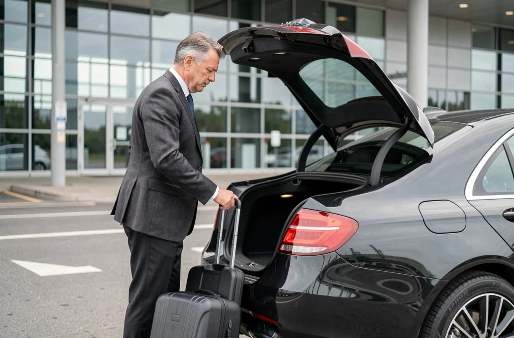 Chauffeur en costume trois-pièces chargeant une valise dans le coffre d'une berline noire devant un terminal à Chilly-Mazarin