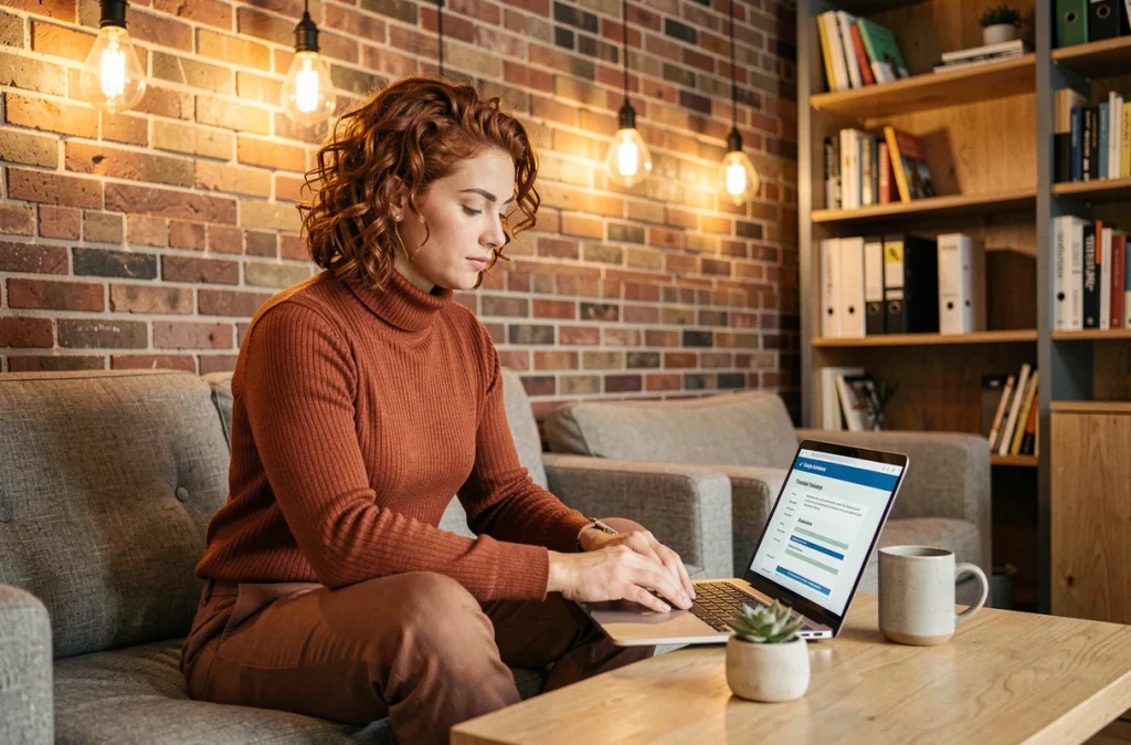 Professionnel en transition de carrière consultant un plan de changement sur ordinateur portable dans un espace de coworking chaleureux