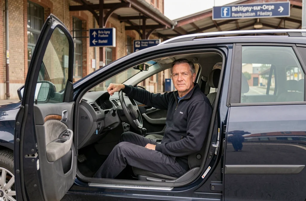 Chauffeur de taxi assis dans une berline break avec la portière ouverte devant la gare de Brétigny-sur-Orge