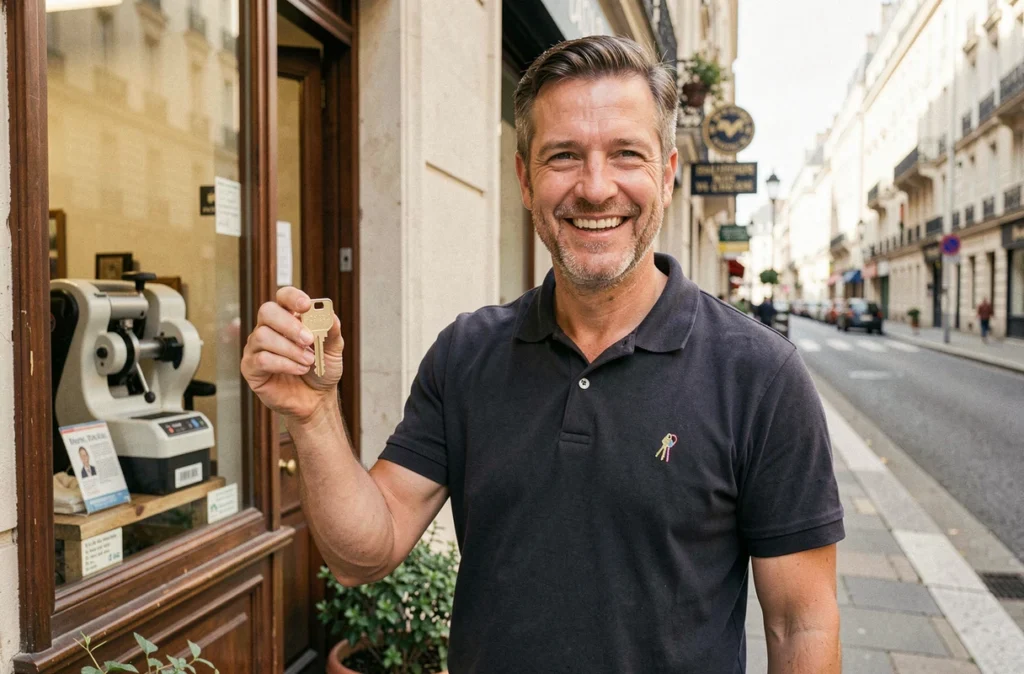 Serrurier de quartier Serrurerie Victor H présentant une clé fraîchement copiée devant sa boutique