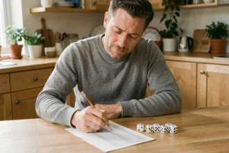 Homme remplissant un tableau de Yam sur papier imprimé avec des dés posés sur une table en bois