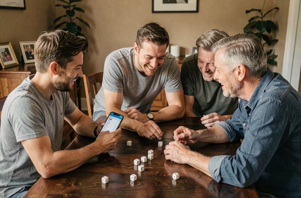 Groupe de joueurs autour d'une table consultant un tableau de Yam en PDF sur smartphone lors d'une soirée jeux