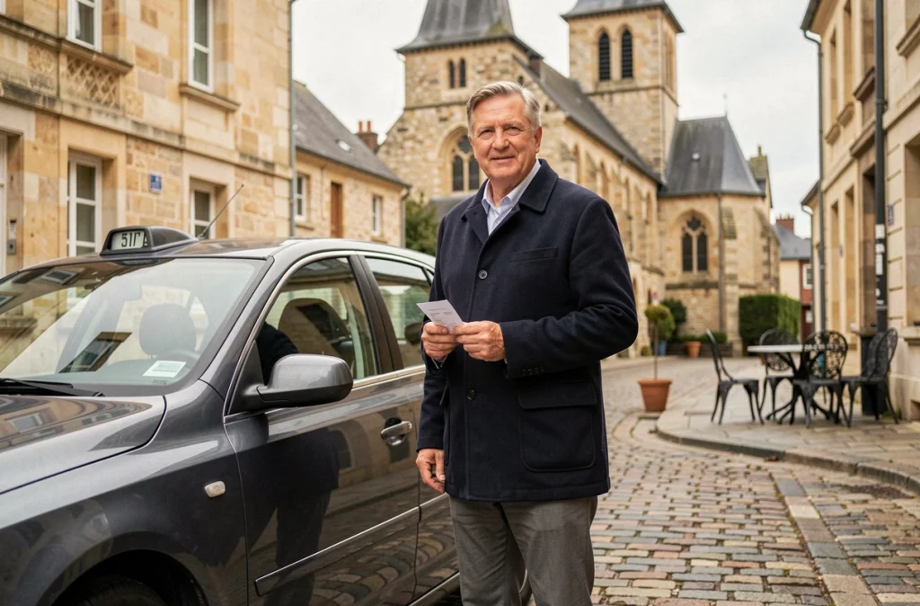 Chauffeur de taxi en veste marine debout près d'un break gris foncé sur une rue pavée du centre historique d'Étampes