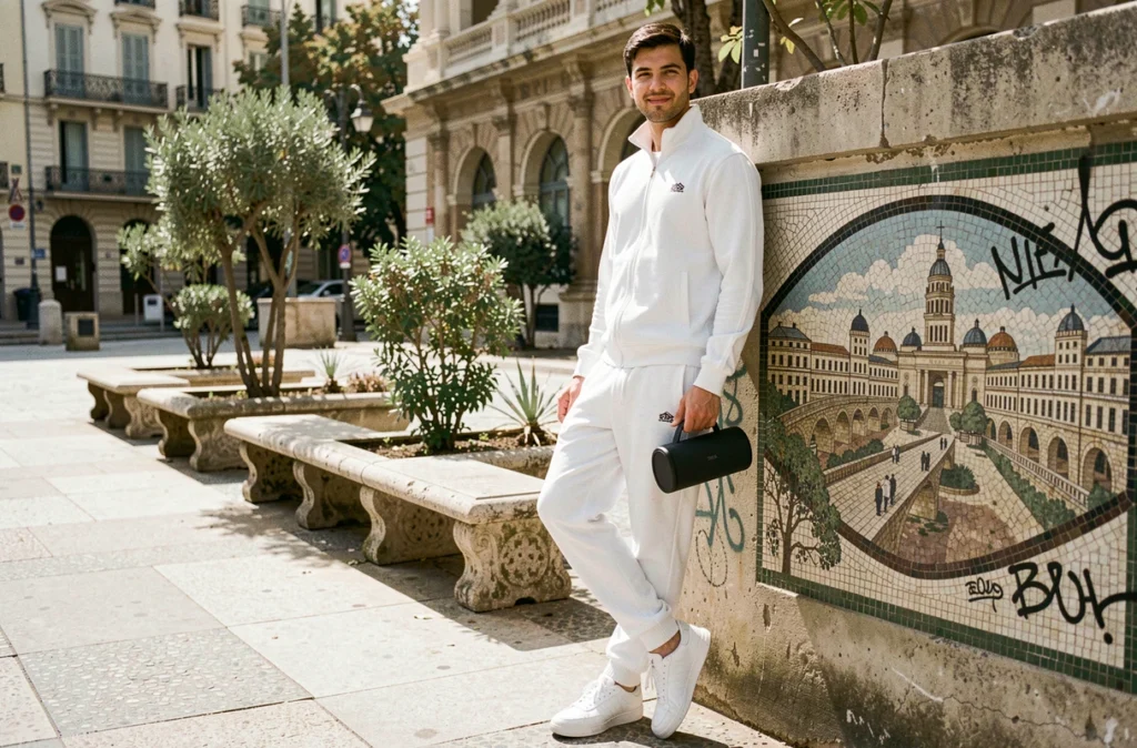 Jeune homme en survêtement blanc adossé à un mur taguéé dans un quartier urbain de Marseille, évoquant la culture hip-hop et les origines de Jul
